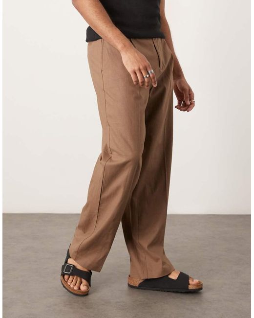 ASOS Nette Broek Van Linnenmix Met Wijde Pijpen En Plooi Aan De Voorkant in het Brown voor heren