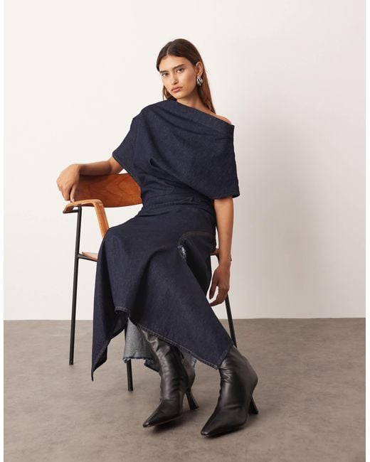 ARRANGE Blue Draped Indigo Denim Maxi Dress