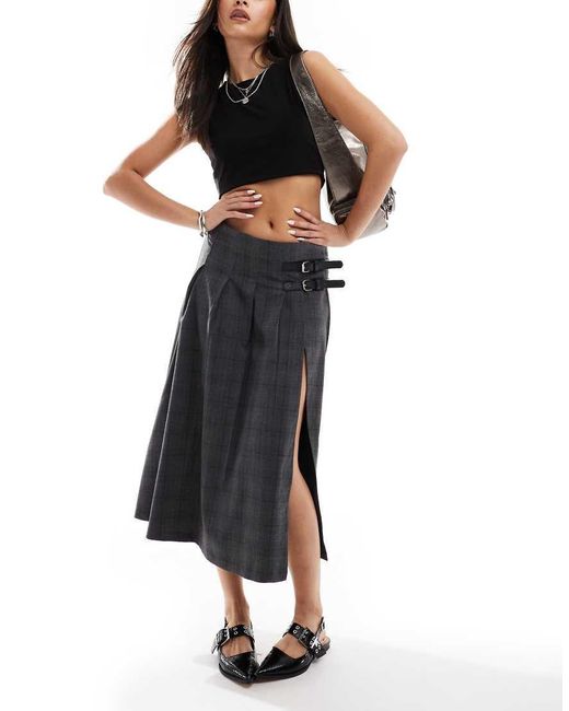 Bershka Black Buckle Detail Pleated Midi Skirt
