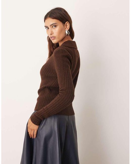 ARRANGE Brown Pure Merino Rib Knit Collared Button Through Top