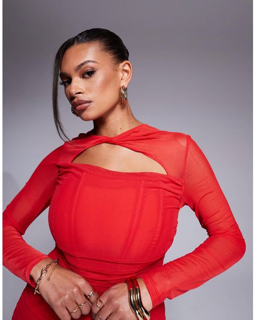 Taideux Red Fuller Bust Genevieve Ruched Mesh Corset Midaxi Dress