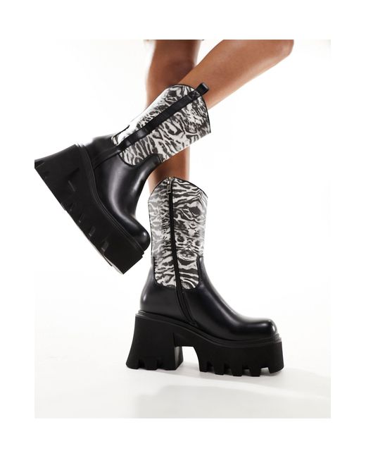 Lamoda Black Viturous Chunky Heeled Western Boots With Zebra Print