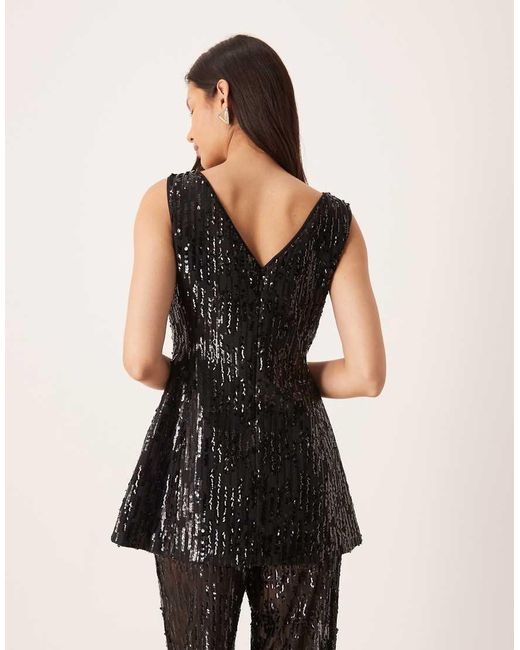 ASOS Black Tailored V Neck Sequin Cinched Waist Peplum Top Co-ord