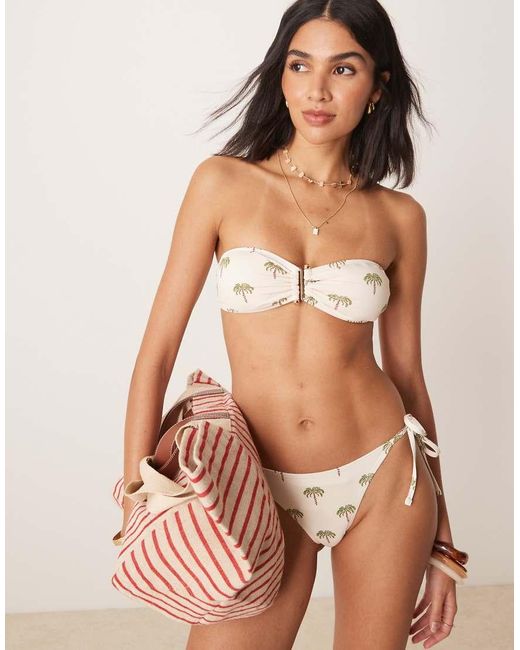 Stradivarius Brown Bandeau Bikini Top With Palm Tree Print