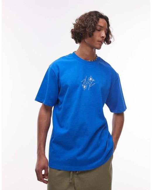 Topman Blue Relaxed Fit T-Shirt With Flower Embroidery for men