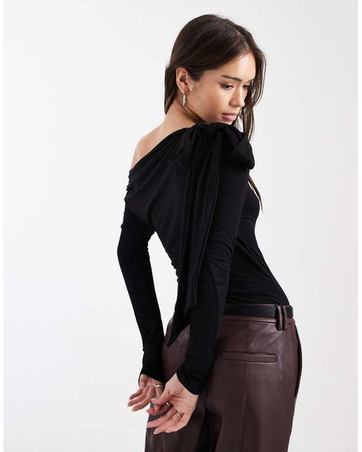 Miss Selfridge Black Bow Detail Off The Shoulder Bodysuit