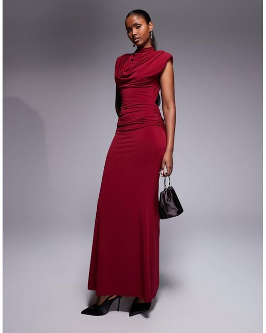 red slinky maxi dress Hoai Gathered Slinky Halter Maxi Dress / Deep Red | MESHKI