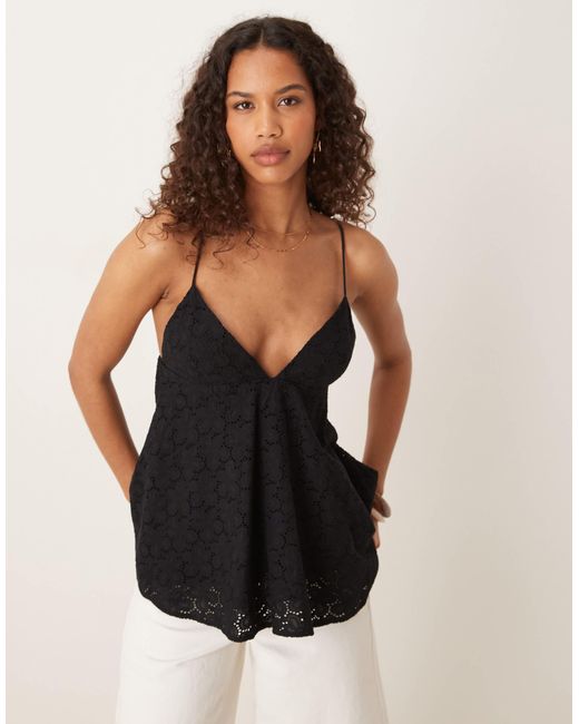 Mango Black V-neck Cotton A-line Top