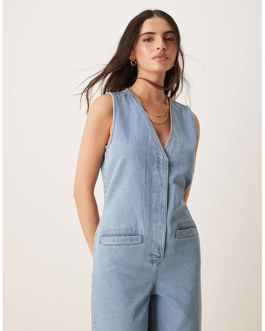 ASOS Blue Denim Sleeveless Jumpsuit With Tie Back