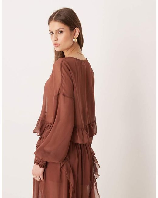 Glamorous Brown Boho Crinkle Style Tie Front Blouse