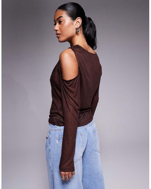 ASOS Purple Knit-look Semi Sheer Long Sleeve Top With Drape Cold Shoulder