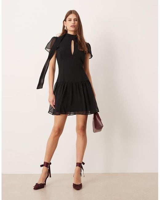 ASOS Black Scarf Detail Mini Dress With Frill Hem