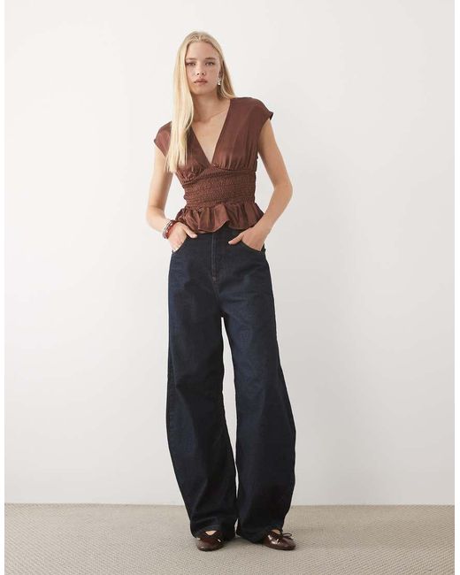 Miss Selfridge Natural Satin V Neck Top With Shirred Waist