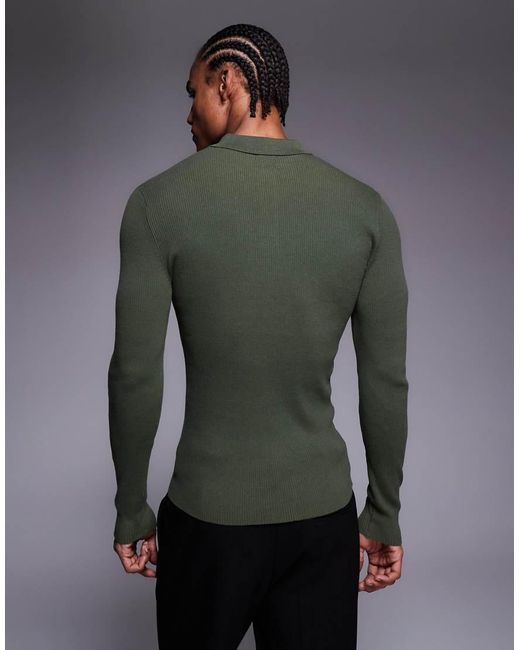 ASOS Gray Essential Muscle-fit Fine-rib Knit Polo for men