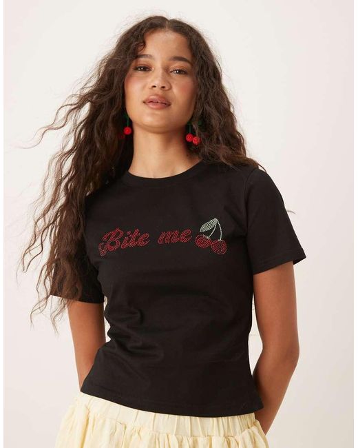 Never Fully Dressed Black Bite Me Cherries Embellished Baby Tee
