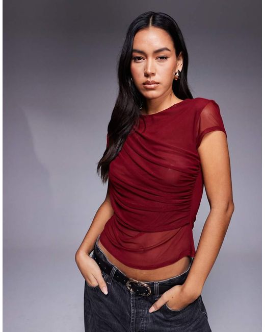 ASOS Red Mesh Short Sleeve Drape Front Top