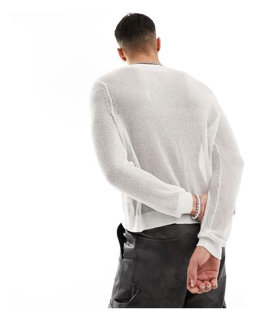 ASOS White Knitted Metallic Mesh Long Sleeve Jumper for men