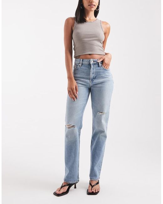 Calvin Klein Blue High Rise Straight Jeans With Rip Details