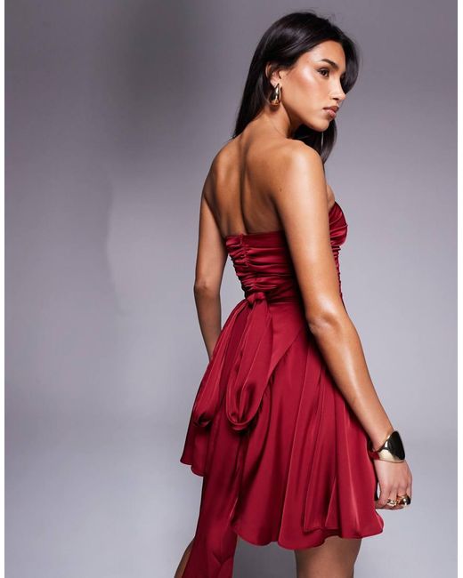 Aria Cove Satin Bandeau Tie Back Cinch Waist Skater Dress in Red | Lyst UK