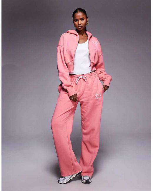 Kaiia Pink Embroidered Bow Logo Cropped Zip Through Hoodie Co-ord