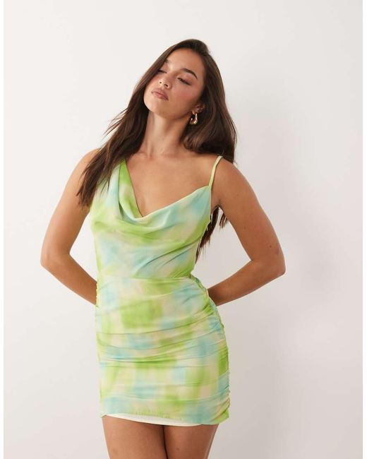 The Frolic Green Exclusive Chiffon Asymmetric Cowl Neck Mini Dress