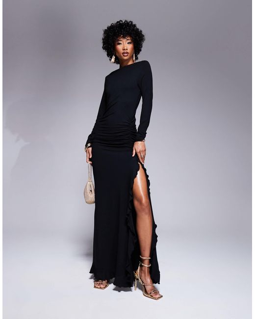 ASOS Long Sleeve Ruffle Detail Maxi Dress With Full Skirt in Blue | Lyst