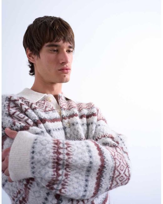 Topman White Regular Fit Fairisle Stripe Knitted Polo for men