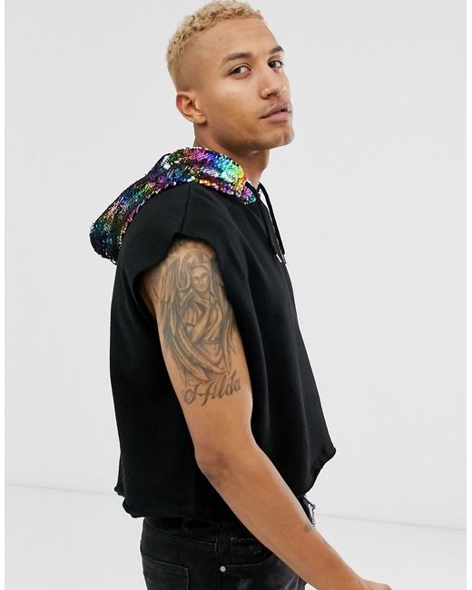 ASOS Festival Cropped Sleeveless Hoodie With Multi Coloured Sequin Hood in Black for Men Lyst