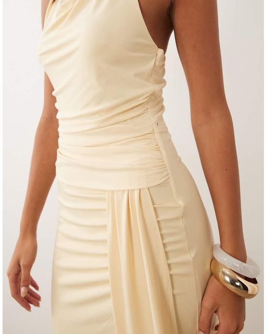 TFNC London Natural Slinky Cowl Neck Ruched Backless Ruched Detail Maxi Dress