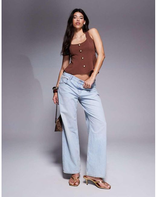 ASOS Brown Ponte Cinch Waist Square Neck Button Down Top