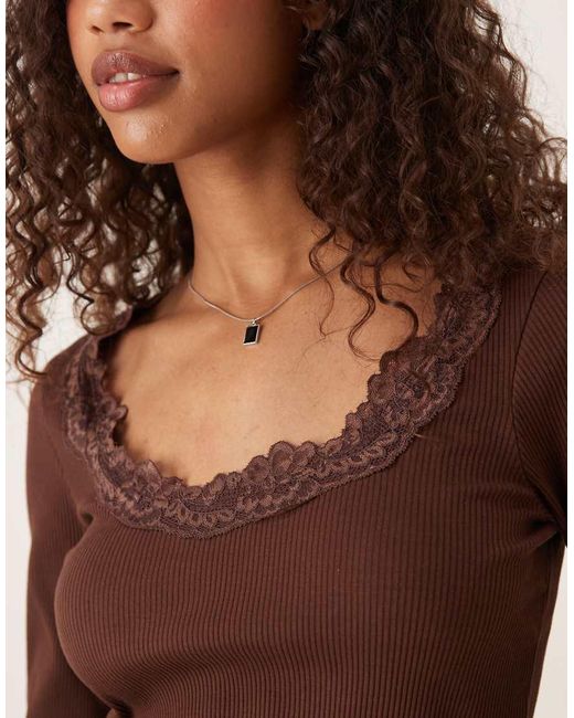 ASOS Brown Ribbed Round Neck Long Sleeve Top With Lace Trim