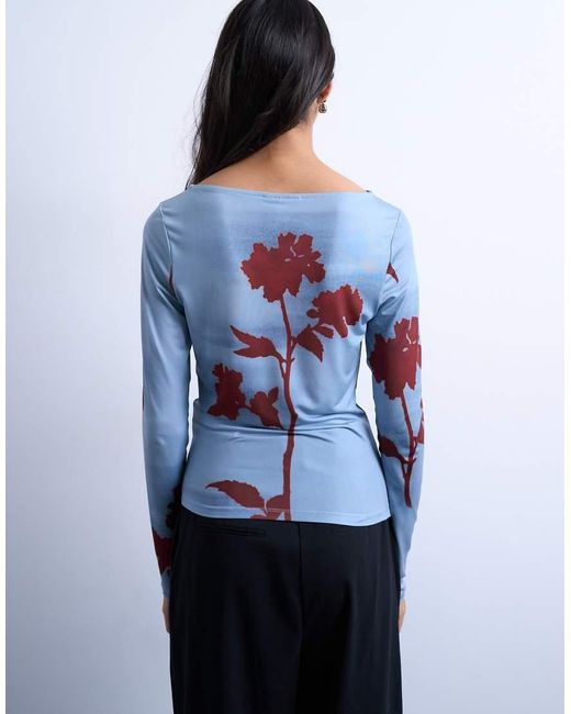 Top Azul De Manga Larga Con Estampado Floral De Microfibra De TOPSHOP de color Blue