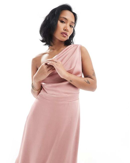 TFNC London Pink Bridesmaid One Shoulder Satin Maxi Dress With Wrap Skirt