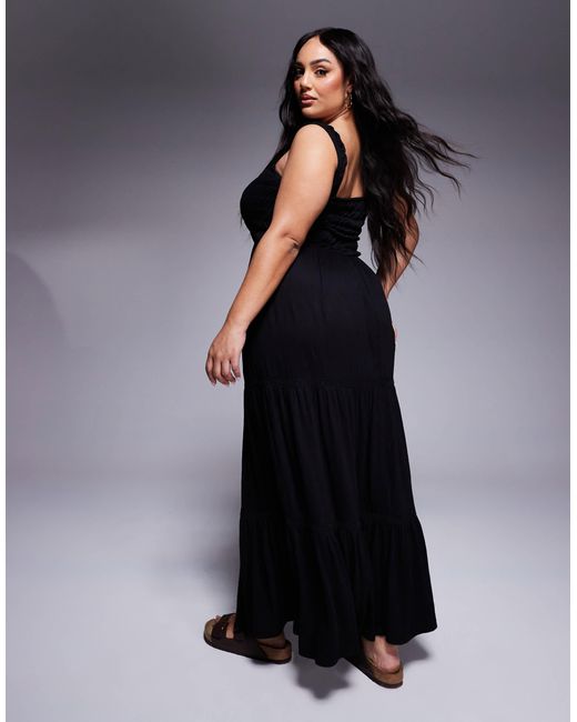 ASOS Black Asos Design Curve Ruched Square Neck Tiered Maxi Dress With Lace Inserts