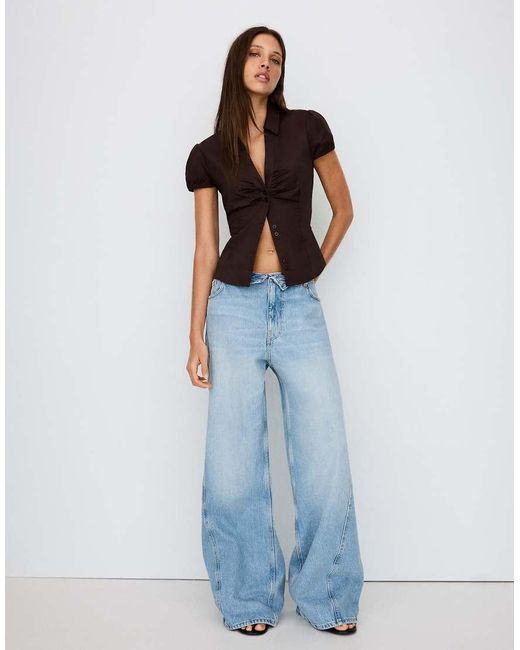 Bershka Blue Short Sleeve Poplin Shirt With Bow