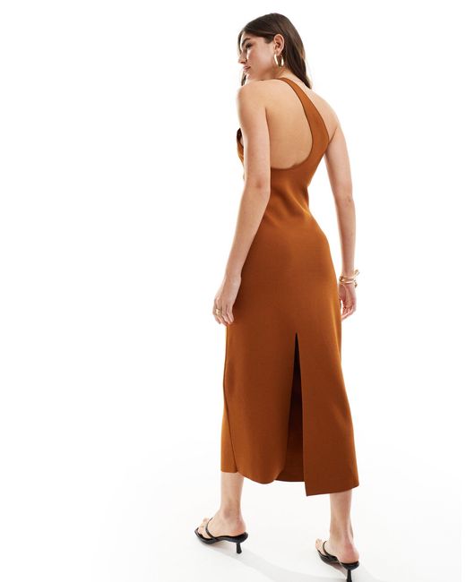 & Other Stories Brown Knitted One Shoulder Midi Dress With Cut Out Back Detail