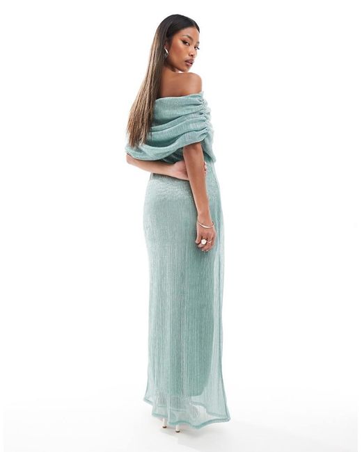 ASOS Blue Metallic Sheet Bardot Maxi Dress