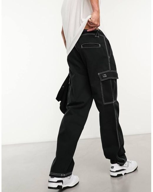 Pull&Bear Black Contrast Stitch Cargo Trouser for men
