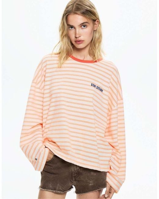 T-Shirt A Maniche Lunghe A Righe di Pull&Bear in Natural