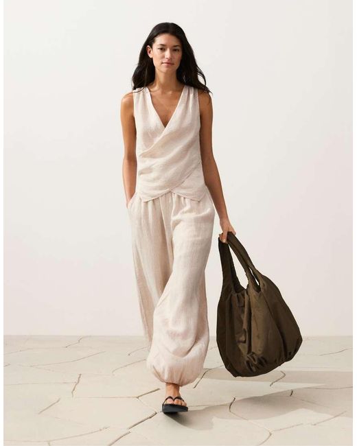 Oysho Natural 100% Linen Crossover Top