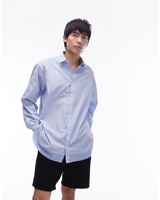 Topman Blue Long Sleeve Oversized Striped Double Layer Hem Shirt for men