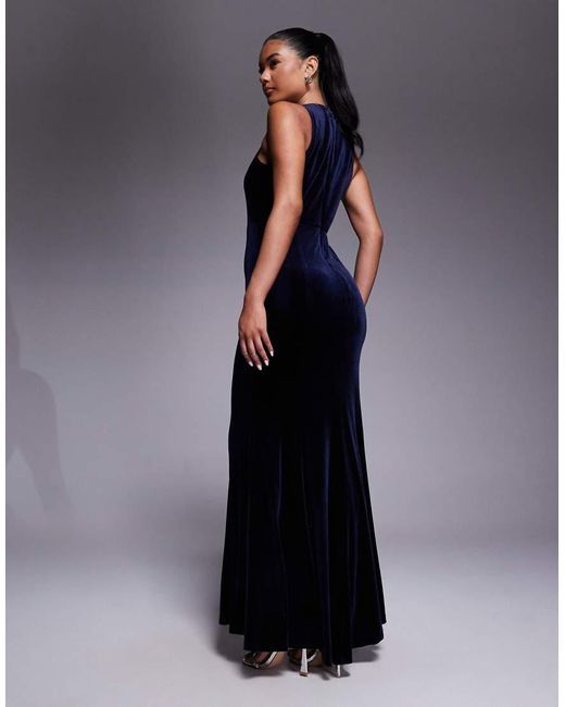 Jarlo Blue Embellished High Neck Velvet Maxi Dress