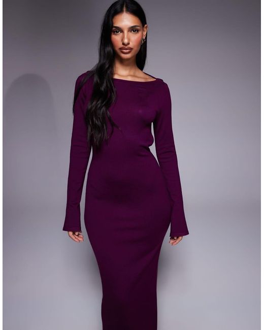 Kaiia Purple Exclusive Cowl Tie Back Long Sleeve Fine Knit Maxi Dress