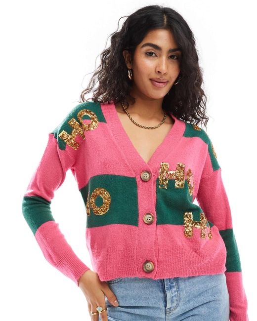 Brave Soul Red – -grün gestreifte weihnachtliche-strickjacke mit knopfleiste