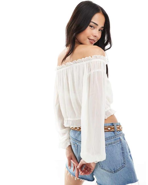 Bershka Bardottop Met Ruches in het Blue