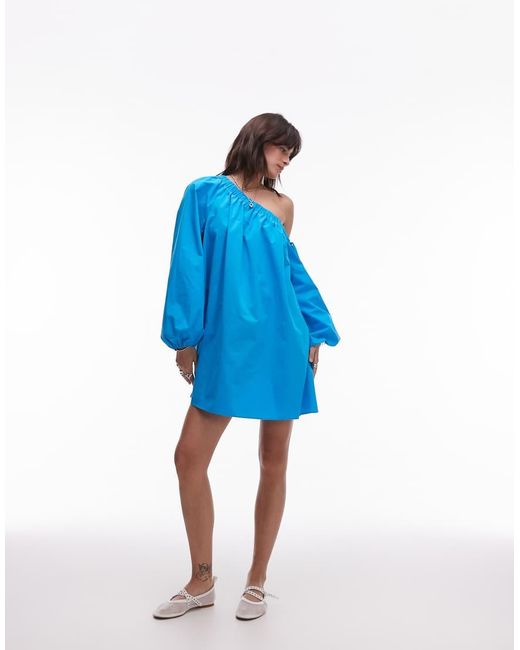 TOPSHOP Blue Off Shoulder Trapeze Poplin Mini Dress