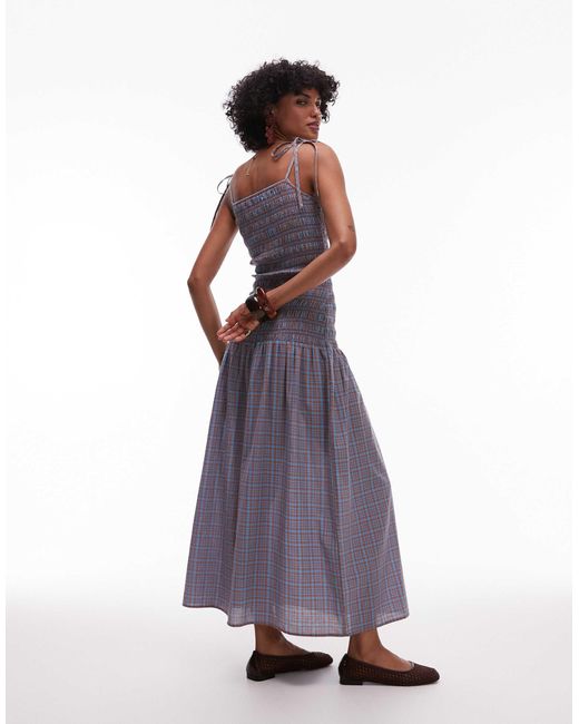 Robe froncée mi-longue à carreaux et fines bretelles TOPSHOP en coloris Purple