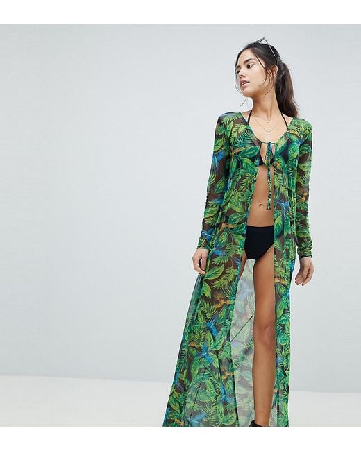 PRETTYLITTLETHING Green Tropical Maxi Beach Cover Up