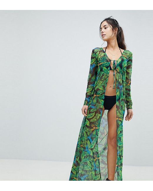 PrettyLittleThing Tropical Maxi Beach Cover Up in Green | Lyst