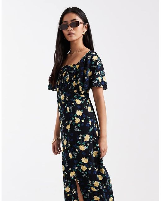 Levi's Black Amara Flutter Sleeve Midi Dresswith Floral Print